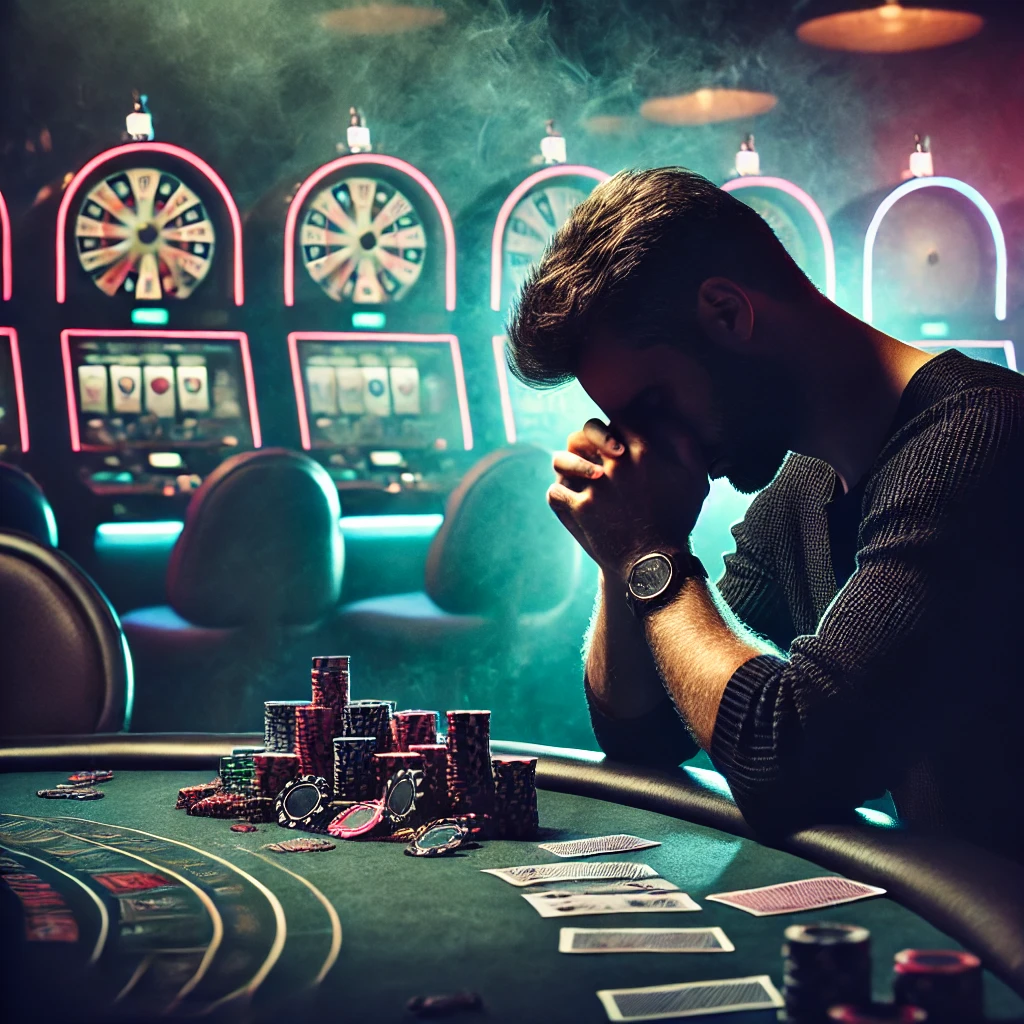 A moody, dramatic image of a man sitting alone at a dimly lit casino table with his head in his hands.